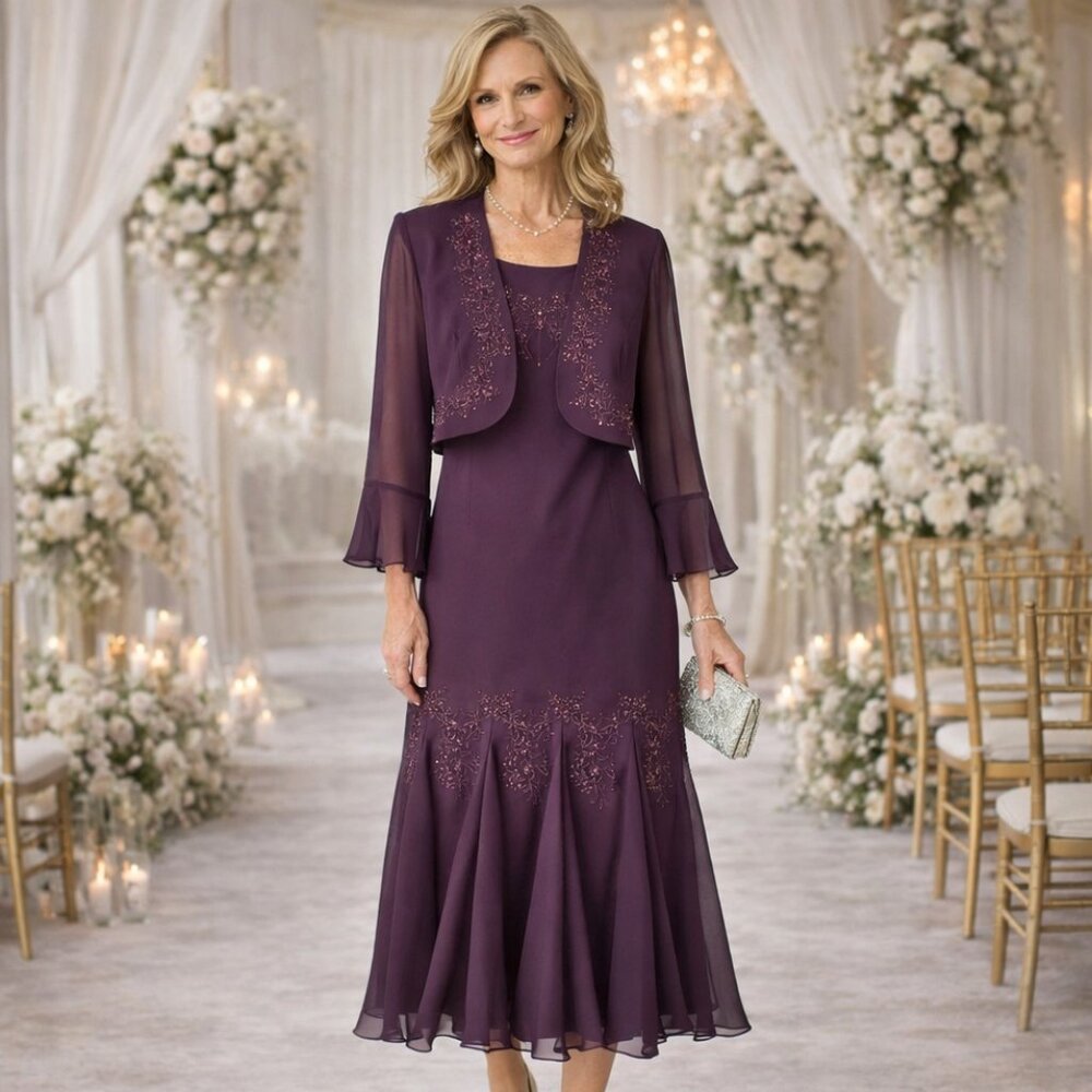 SL Fashions Plum Beaded Mother of the Bride Dress Set Size 12 Wedding Guest